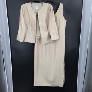 Plaza South 2 Piece Set Floral Rhinestone Jacket & Sheath Dress Back Zip Tan 10